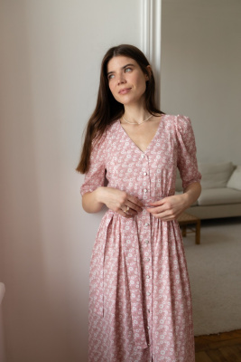 Платье Шарлотта миди из штапеля для беременных и кормящих мам - розовый с цветами