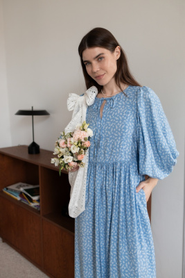 Платье Мари для беременных и кормящих мам - голубой с колосками
